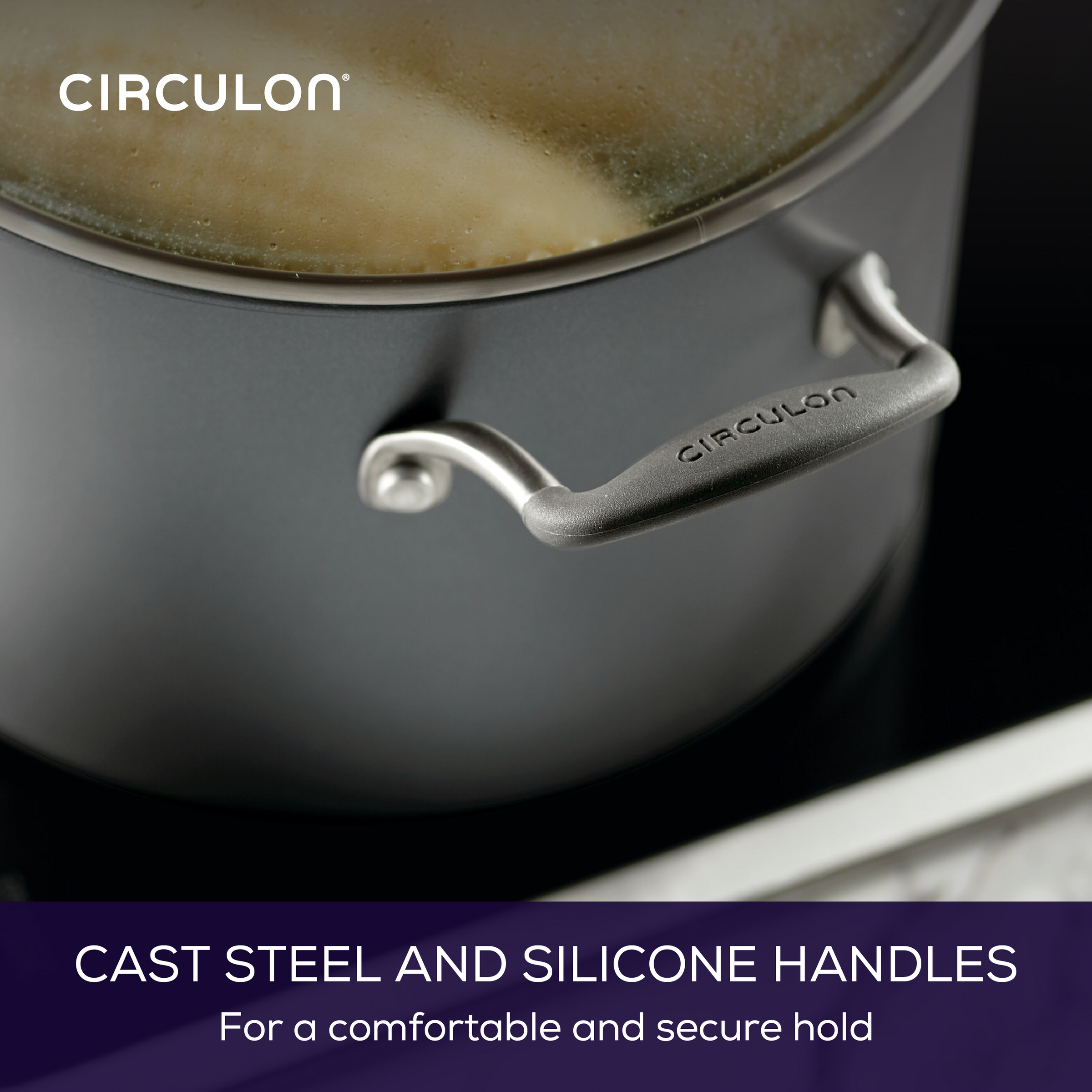 Close-up of the 8-Quart Pot showcasing ScratchDefense™ nonstick handle.