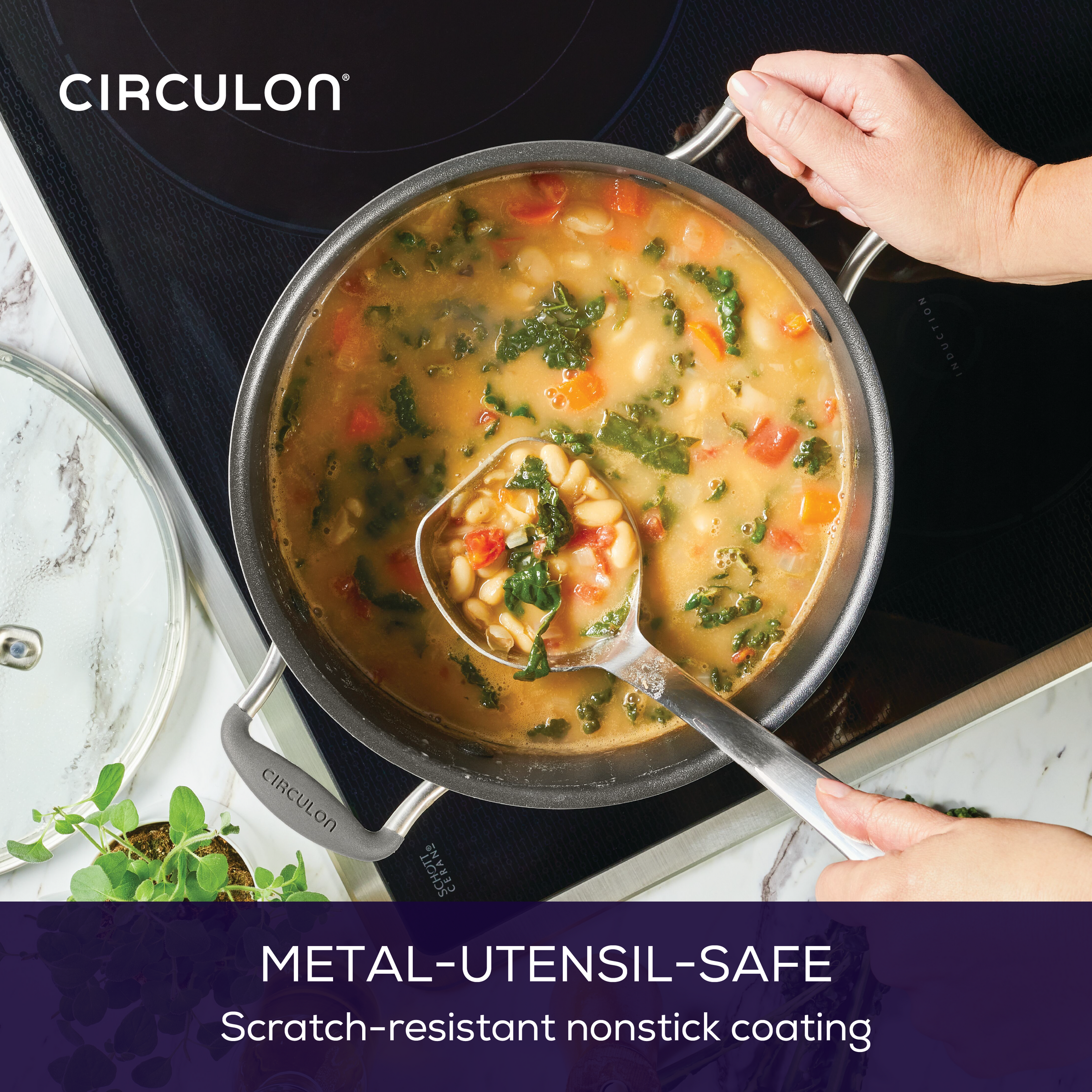 Person ladles soup from an 8-Quart ScratchDefense™ Nonstick Stockpot.
