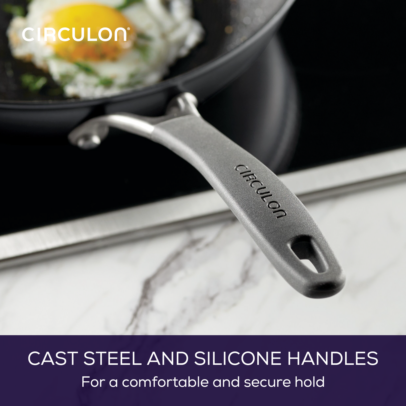 ScratchDefense™ Nonstick set with silicone handle, ideal for frying eggs.