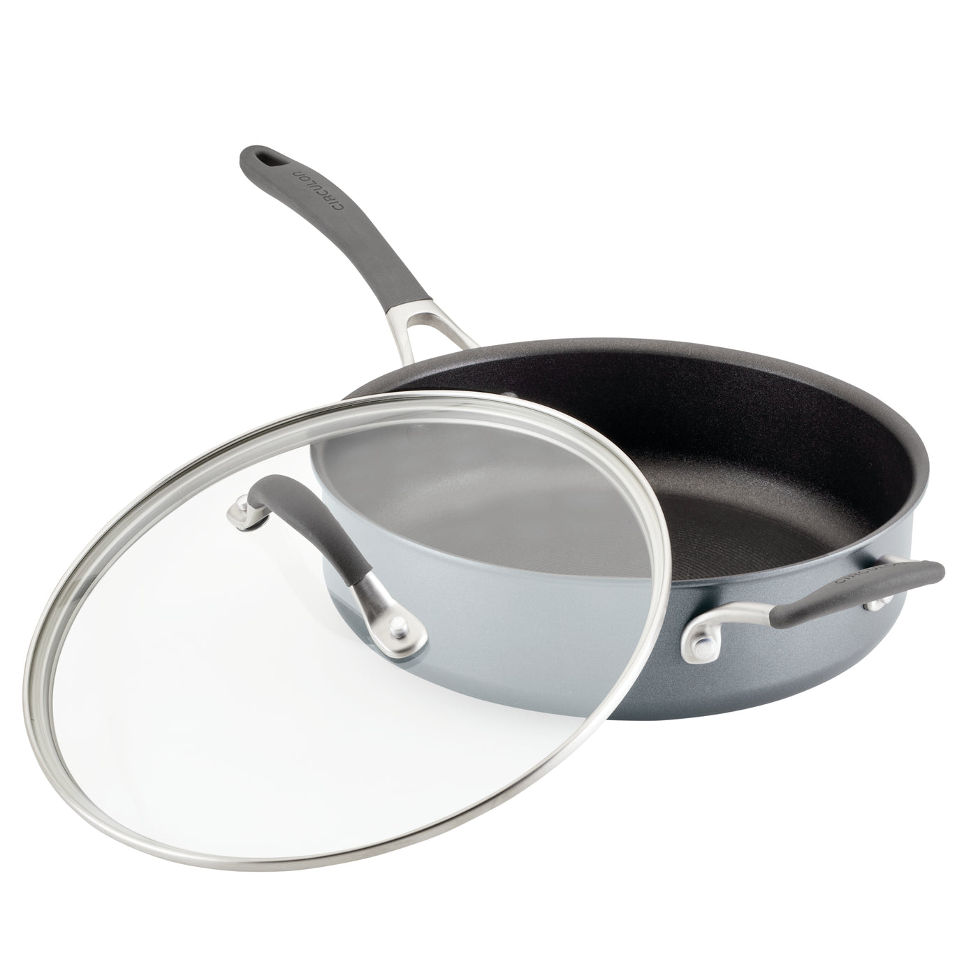Gray 5-Quart A1 ScratchDefense™ Nonstick Saute Pan with glass lid on white.