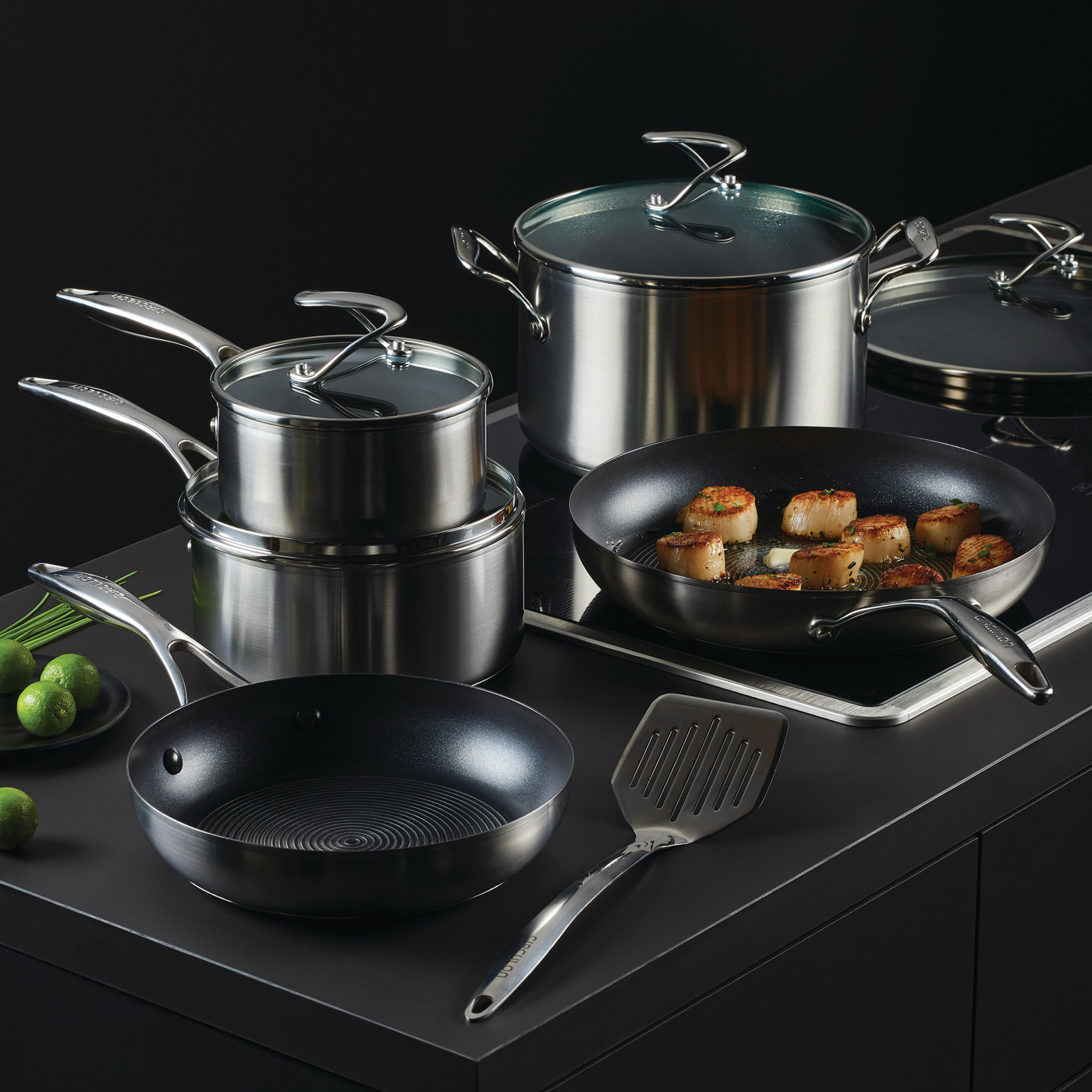 10-Piece Hybrid Cookware with food on a stovetop featuring SteelShield.