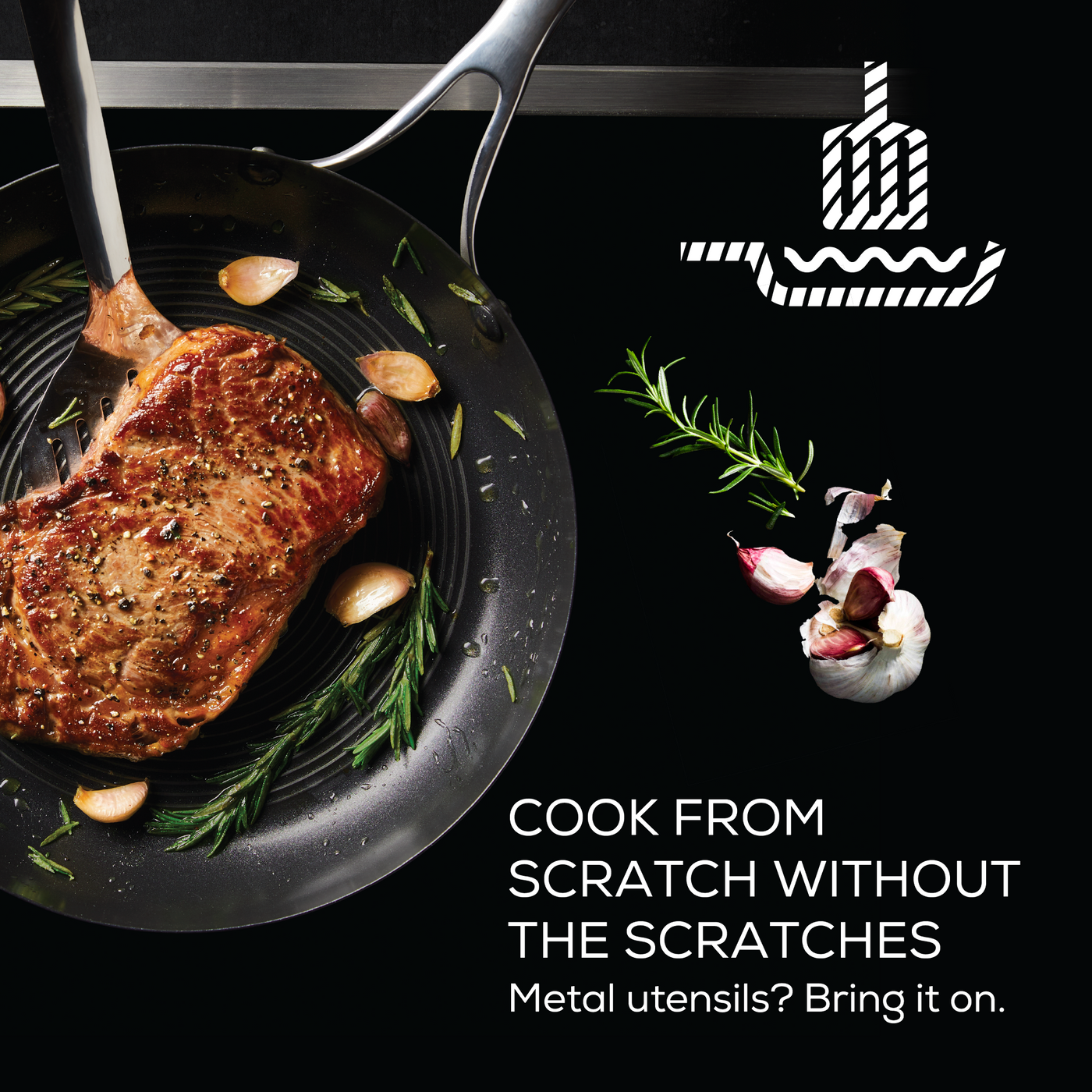 Steak and garlic sizzle in Hybrid Stainless Steel nonstick cookware.