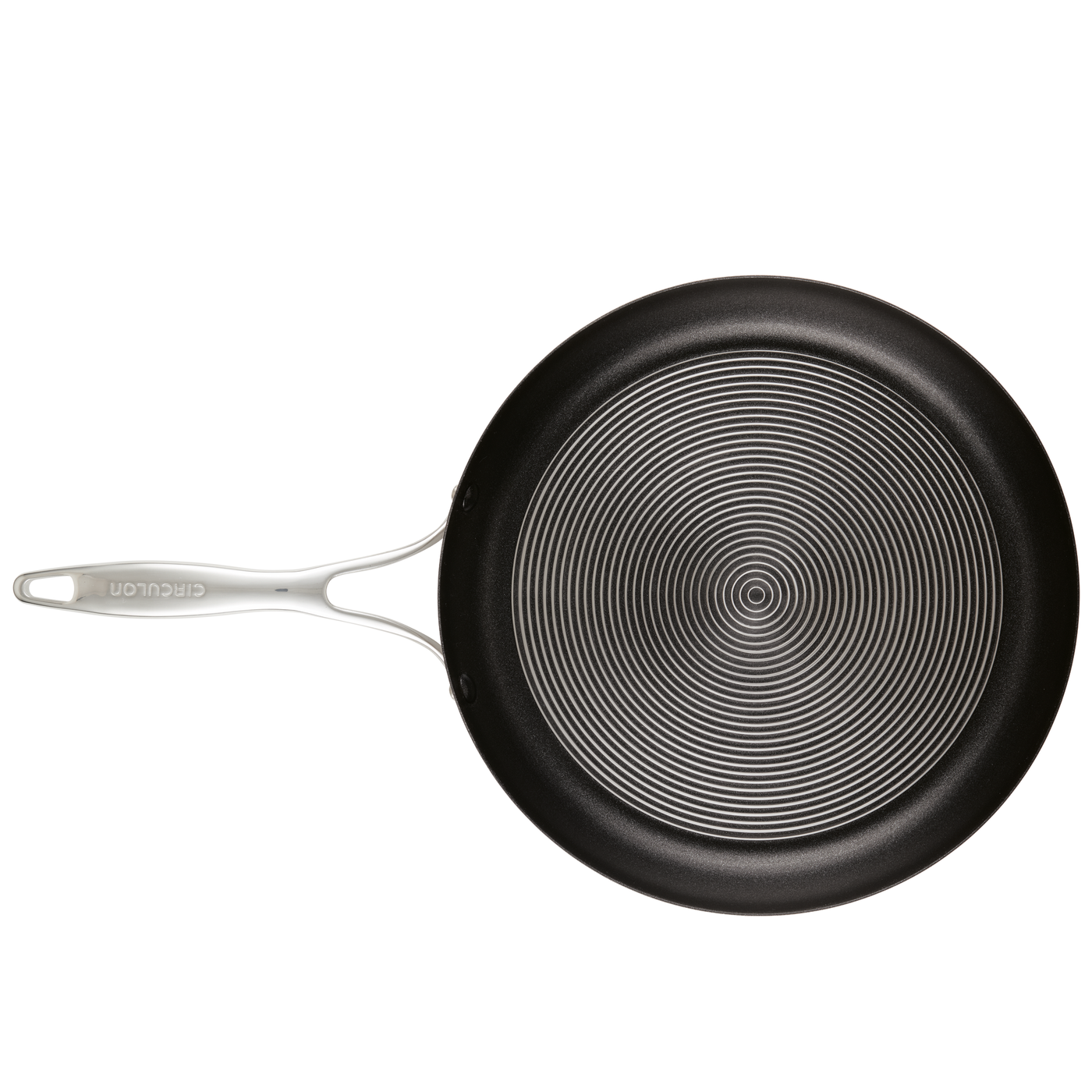 Nonstick pan with SteelShield ridges and metal handle, from a 10-piece set.