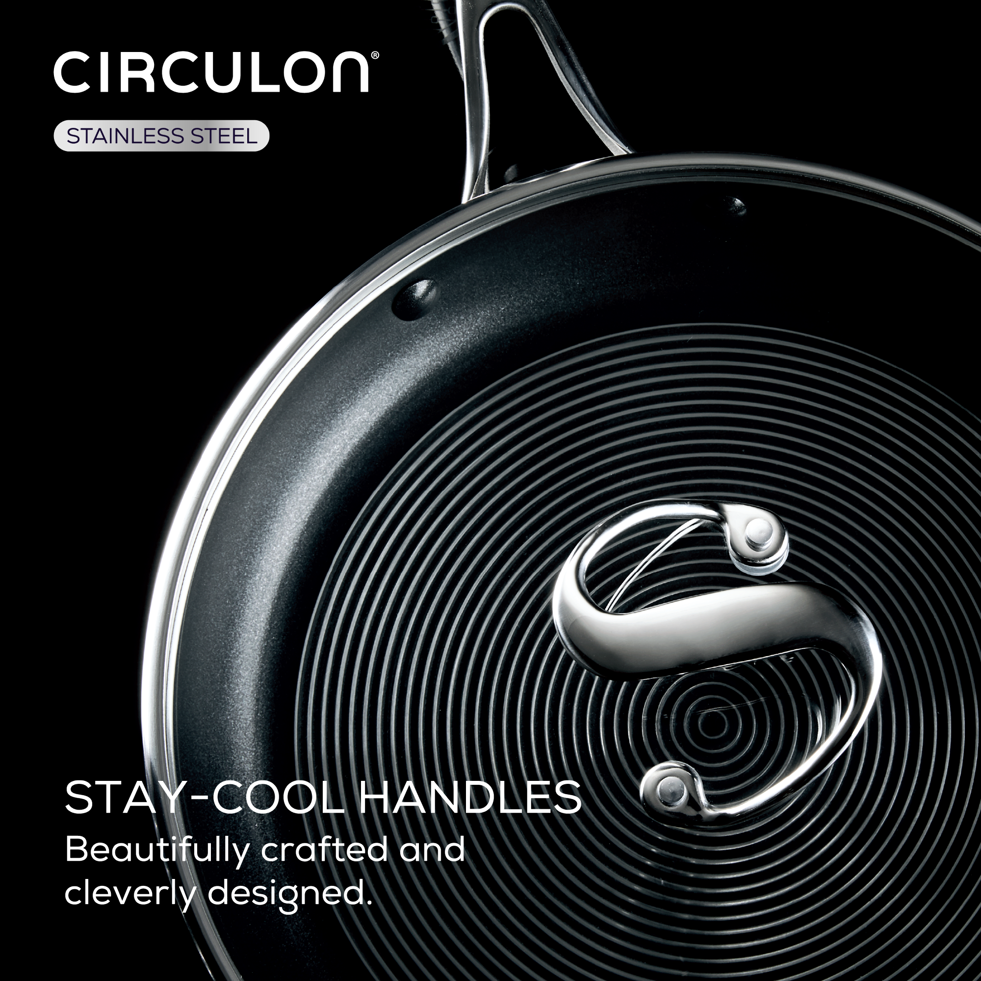 Circular frying pan with swirling design, from 10-Piece Hybrid Steel Cookware Set.