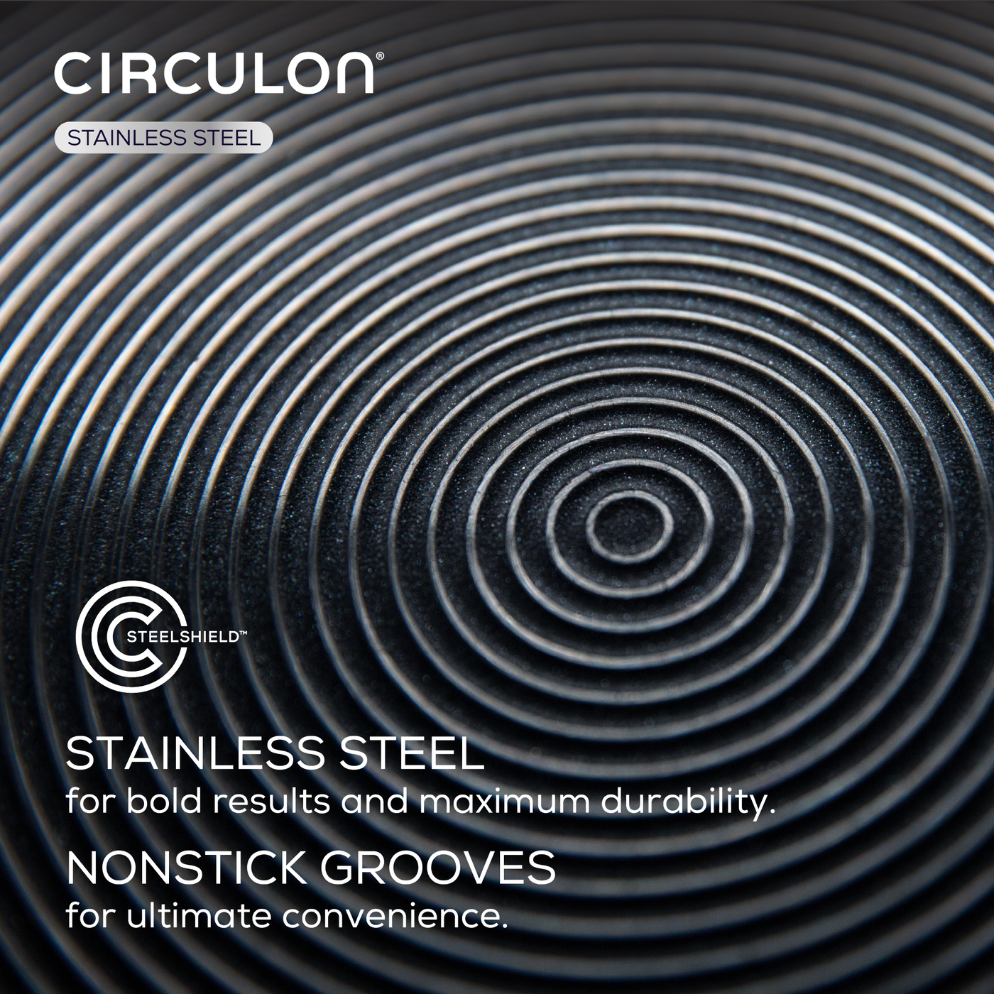 Close-up of circular grooves on Hybrid Stainless Steel Cookware Set.