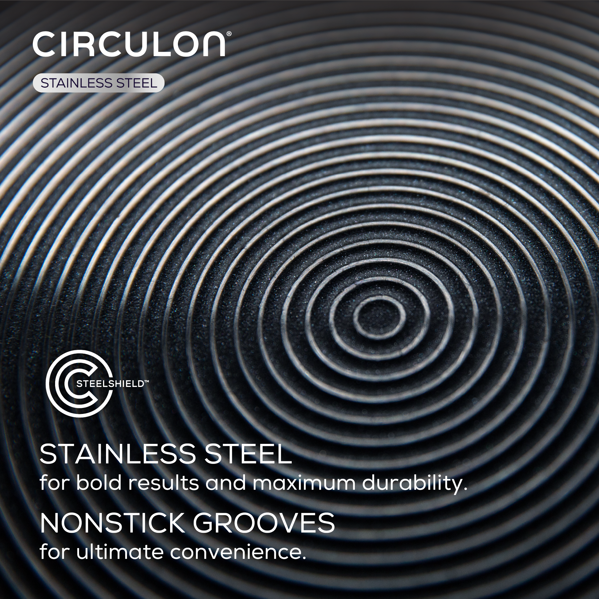 Close-up of circular grooves on Hybrid Stainless Steel Cookware Set.