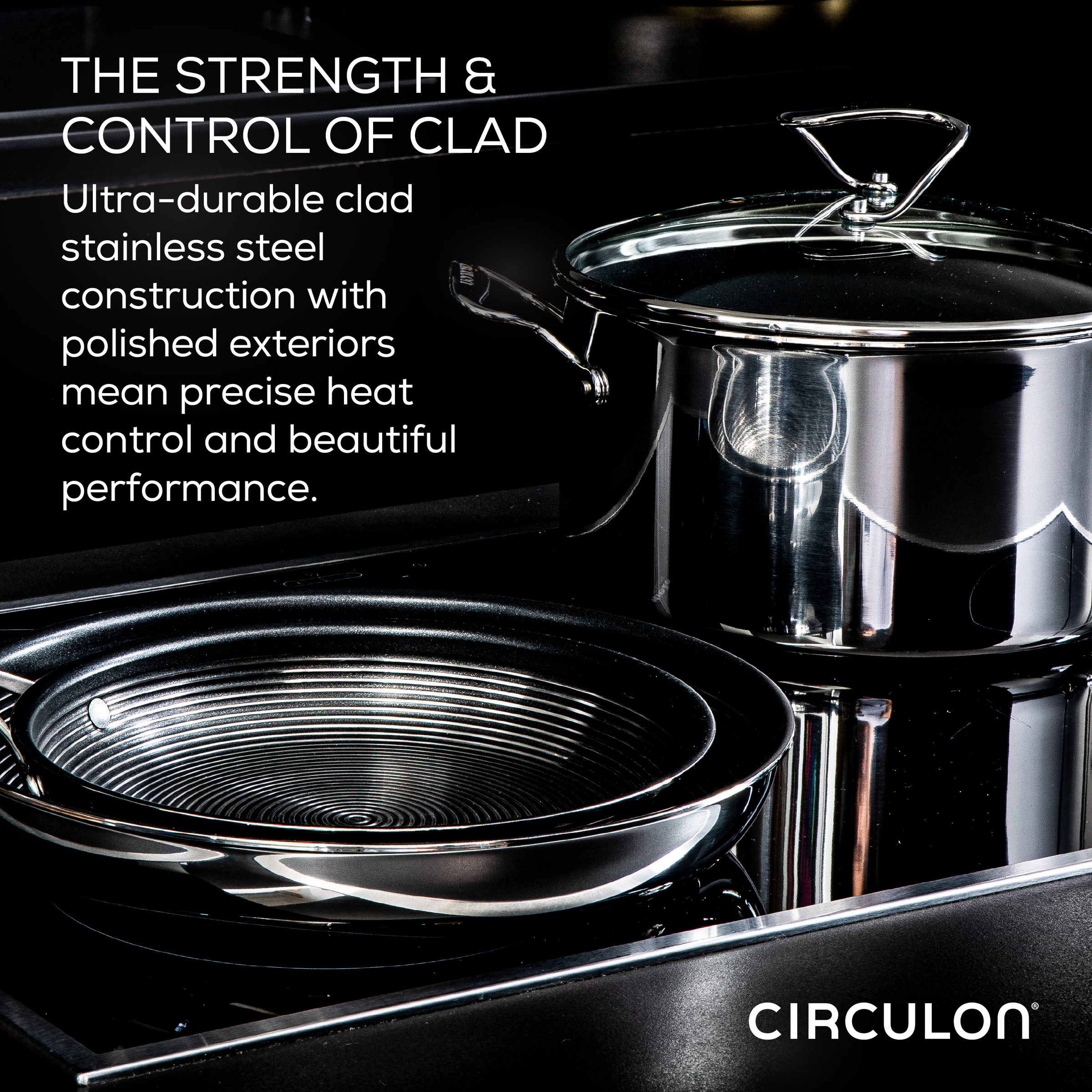 The 11-Piece Clad Stainless Steel and Hybrid Nonstick Cookware Set with Circulon branding sits on the stove, showcasing innovative SteelShield technology for enhanced durability.