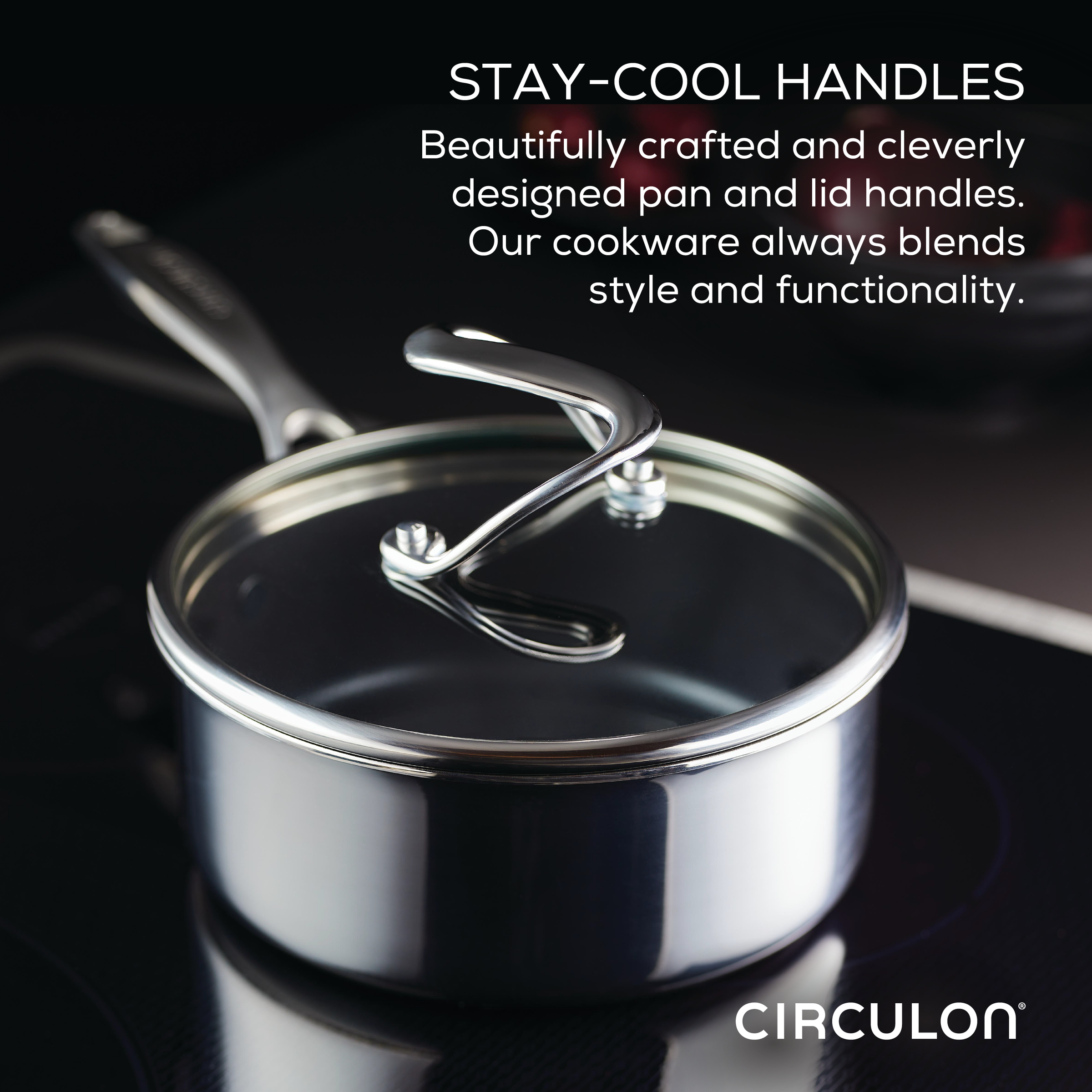 The 11-Piece Clad Stainless Steel and Hybrid Nonstick Cookware Set features a saucepan with stylish handles that sits elegantly on the stovetop, highlighting the sleek design of this stainless steel collection.