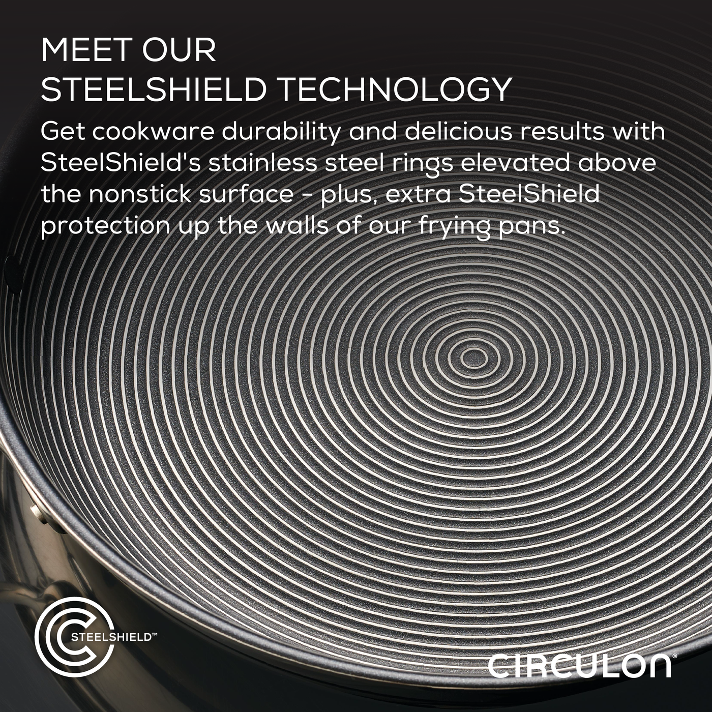Close-up of a frying pan from the 11-Piece Clad Stainless Steel and Hybrid Nonstick Cookware Set, featuring innovative stainless steel rings design that offers the ultimate in nonstick performance.