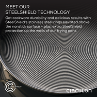 Close-up of a frying pan from the 11-Piece Clad Stainless Steel and Hybrid Nonstick Cookware Set, featuring innovative stainless steel rings design that offers the ultimate in nonstick performance.