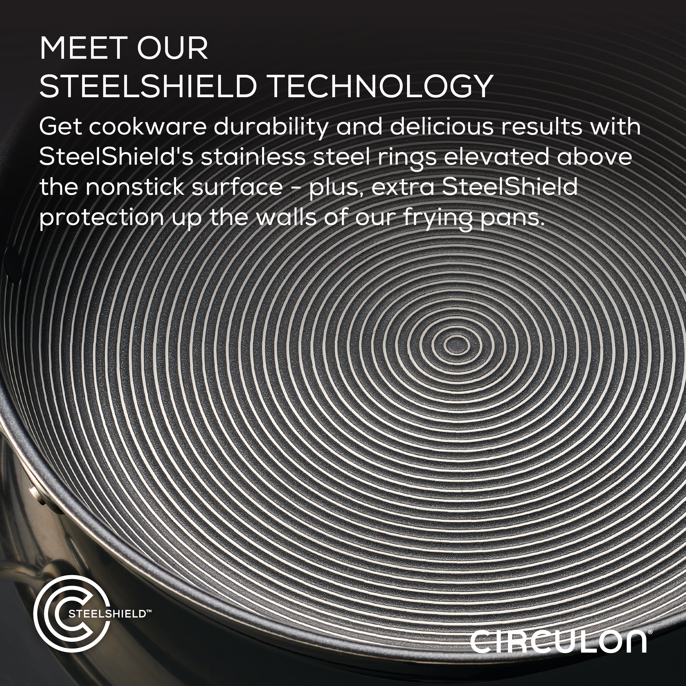 Close-up of a frying pan from the 11-Piece Clad Stainless Steel and Hybrid Nonstick Cookware Set, featuring innovative stainless steel rings design that offers the ultimate in nonstick performance.