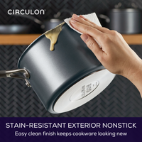 Scrubbing a cookware pot, featuring ScratchDefense™ nonstick coating.