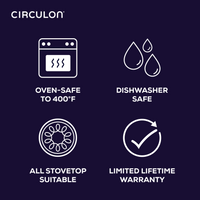 Icons display features: oven-safe, dishwasher-safe pot, warranty.