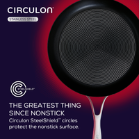 SteelShield fry pan in hybrid stainless steel on red and black background.