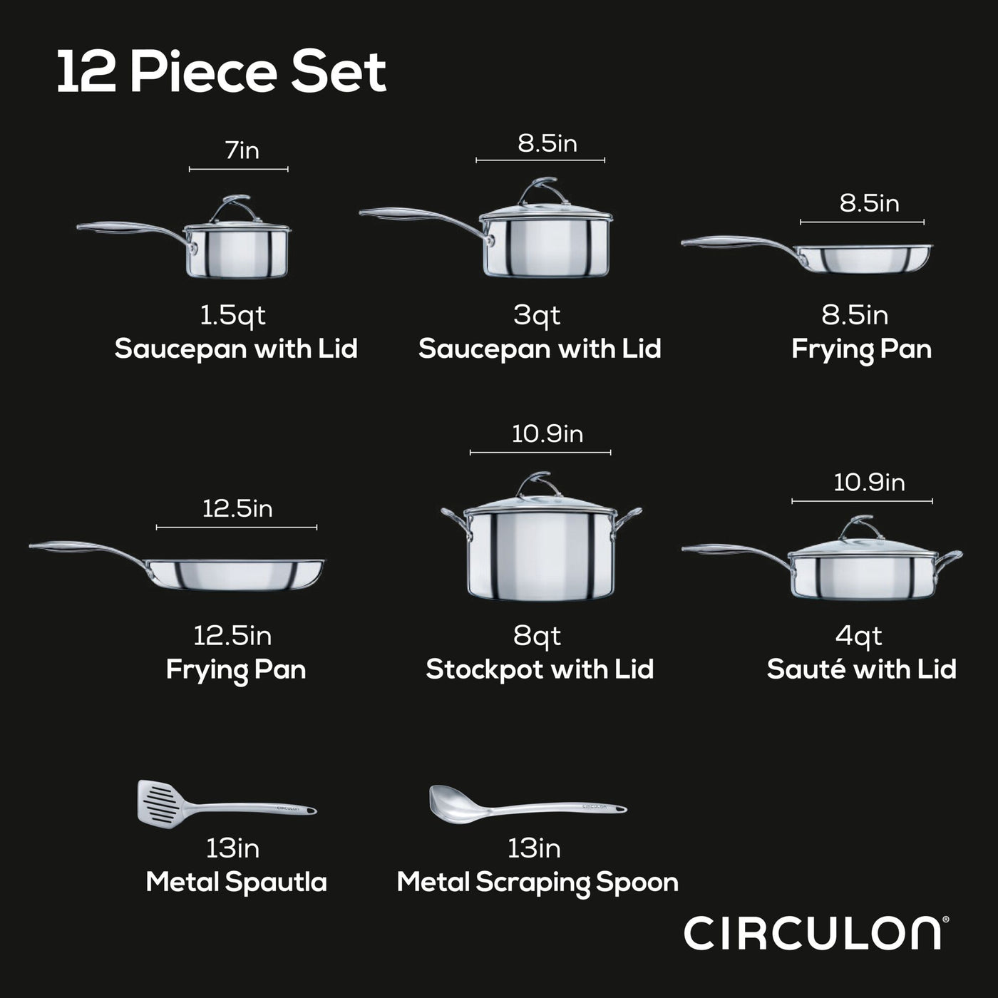 The 10-Piece Stainless Steel Cookware Set with a 2-Piece Bonus Utensil Set showcases cutting-edge SteelShield technology, offering saucepans, frying pans, a stockpot, as well as a spatula and spoon. The nonstick grooves provide effortless cooking and cleaning.