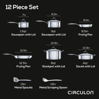The 10-Piece Stainless Steel Cookware Set with a 2-Piece Bonus Utensil Set showcases cutting-edge SteelShield technology, offering saucepans, frying pans, a stockpot, as well as a spatula and spoon. The nonstick grooves provide effortless cooking and cleaning.