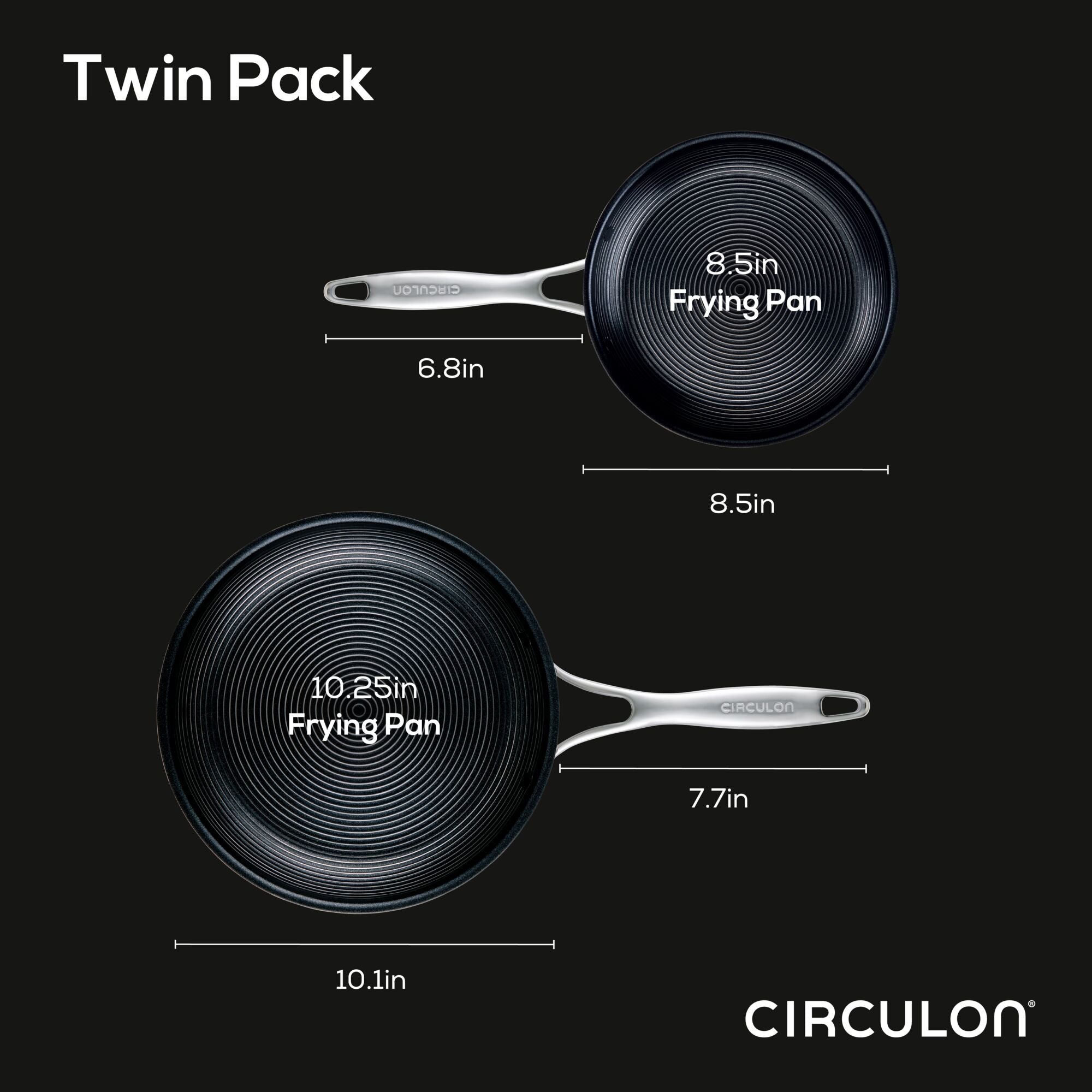 Image showcasing the Twin Pack of 8.5" & 10" Tri-Ply Clad Nonstick Frying Pans, engineered with SteelShield technology for exceptional durability and performance.