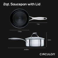 The 2 Quart Covered Saucepan is equipped with SteelShield technology and includes measurement markings.