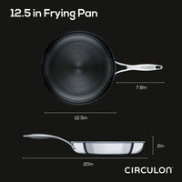 Diagram of the 12.5" Open Frying Pan showcasing its nonstick tri-ply clad stainless steel design, including details on the handle and depth measurements.