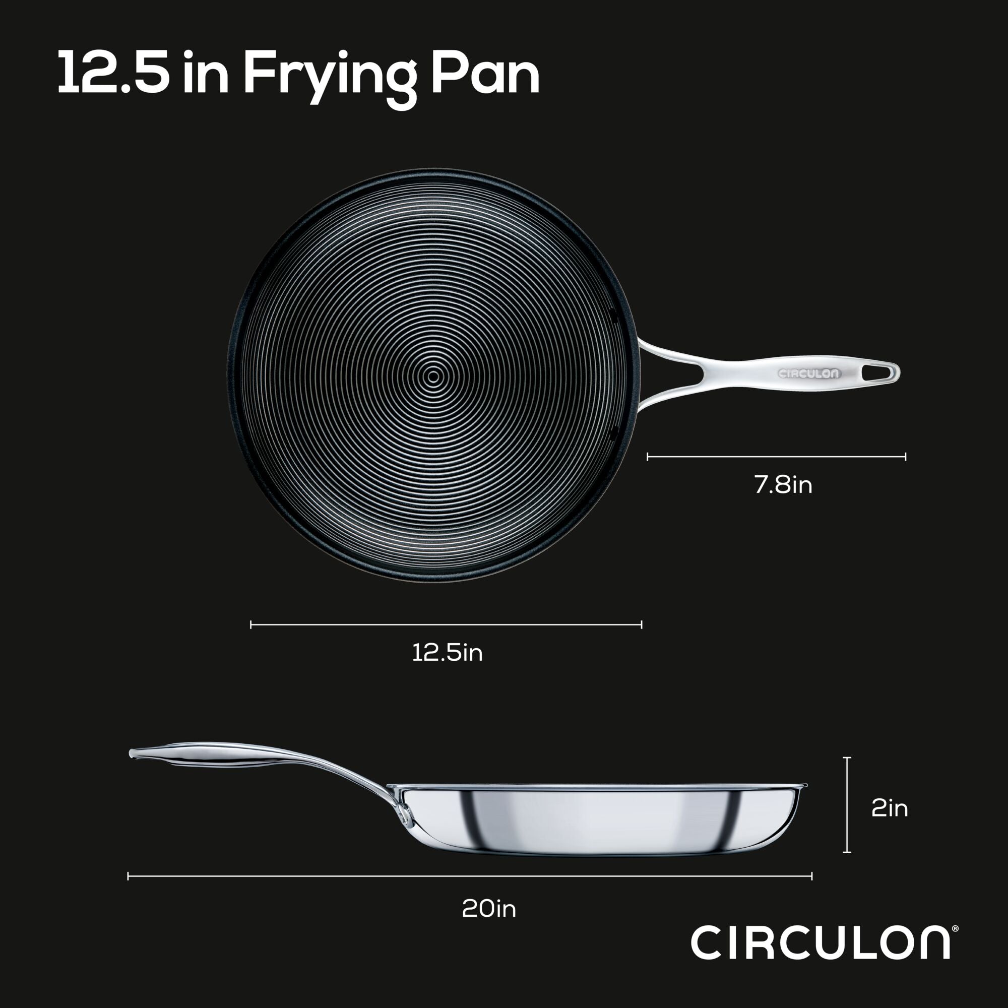 Diagram of the 12.5" Open Frying Pan showcasing its nonstick tri-ply clad stainless steel design, including details on the handle and depth measurements.