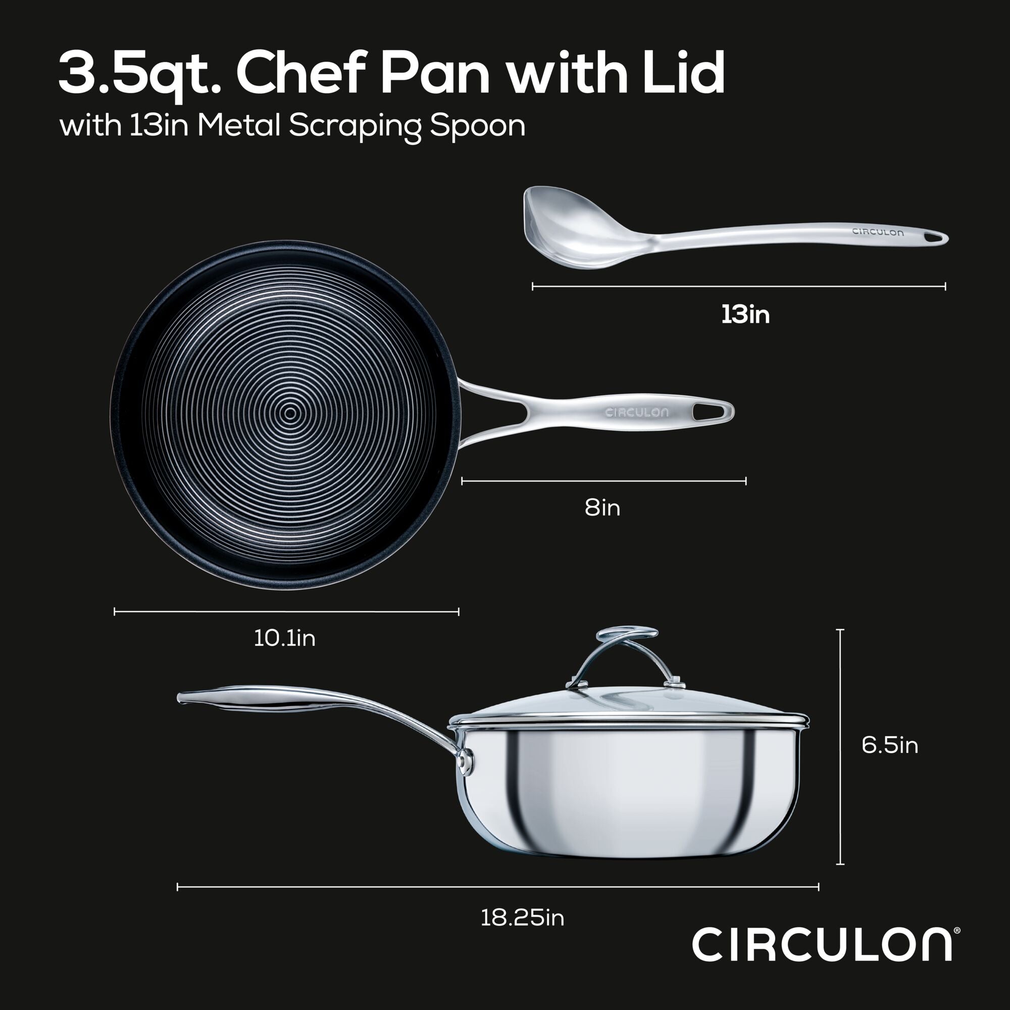 The 3.5 Quart Covered Chef Pan w/ Spoon features innovative SteelShield technology with nonstick grooves for a seamless cooking experience, and comes complete with a lid and spoon, offering precision in stainless steel.