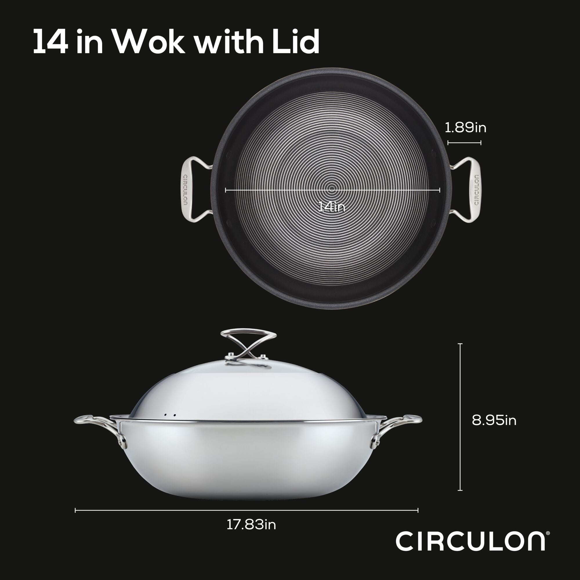 Discover the 14-inch wok with a glass lid, showcasing cutting-edge Hybrid SteelShield technology and tri-ply clad construction, presented from top and side angles for a complete view, complete with measurement specifics.