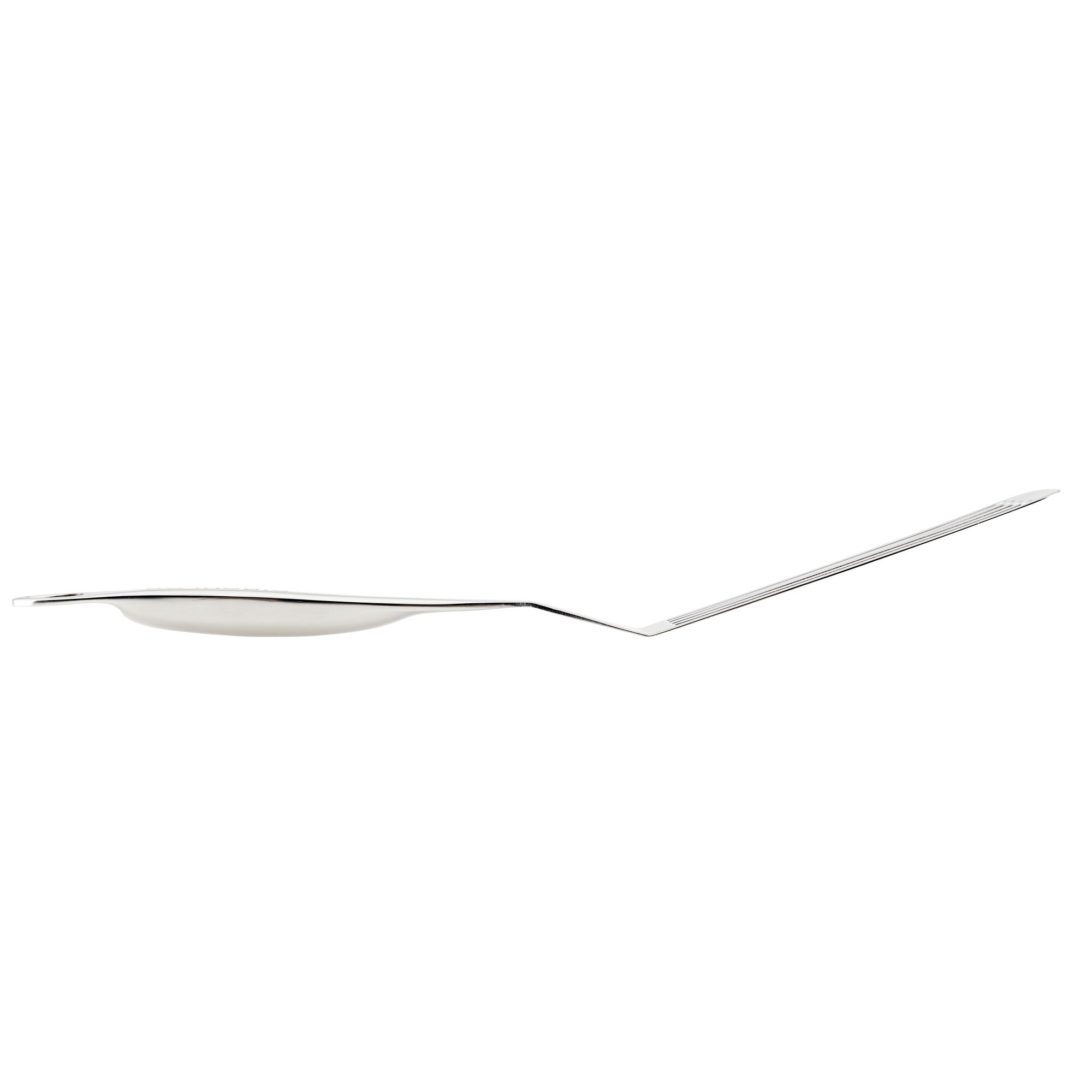 A side view of a silver spoon, featuring a distinct twisted, hollow handle design, highlighting its elegance as part of the dishwasher-safe 3-Piece Kitchen Utensils Set.