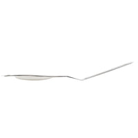 Side view of a slightly curved, stainless steel spoon, featured in our 6-Piece Tool and Crock Set collection of elegant stainless steel kitchen utensils, against a white background.