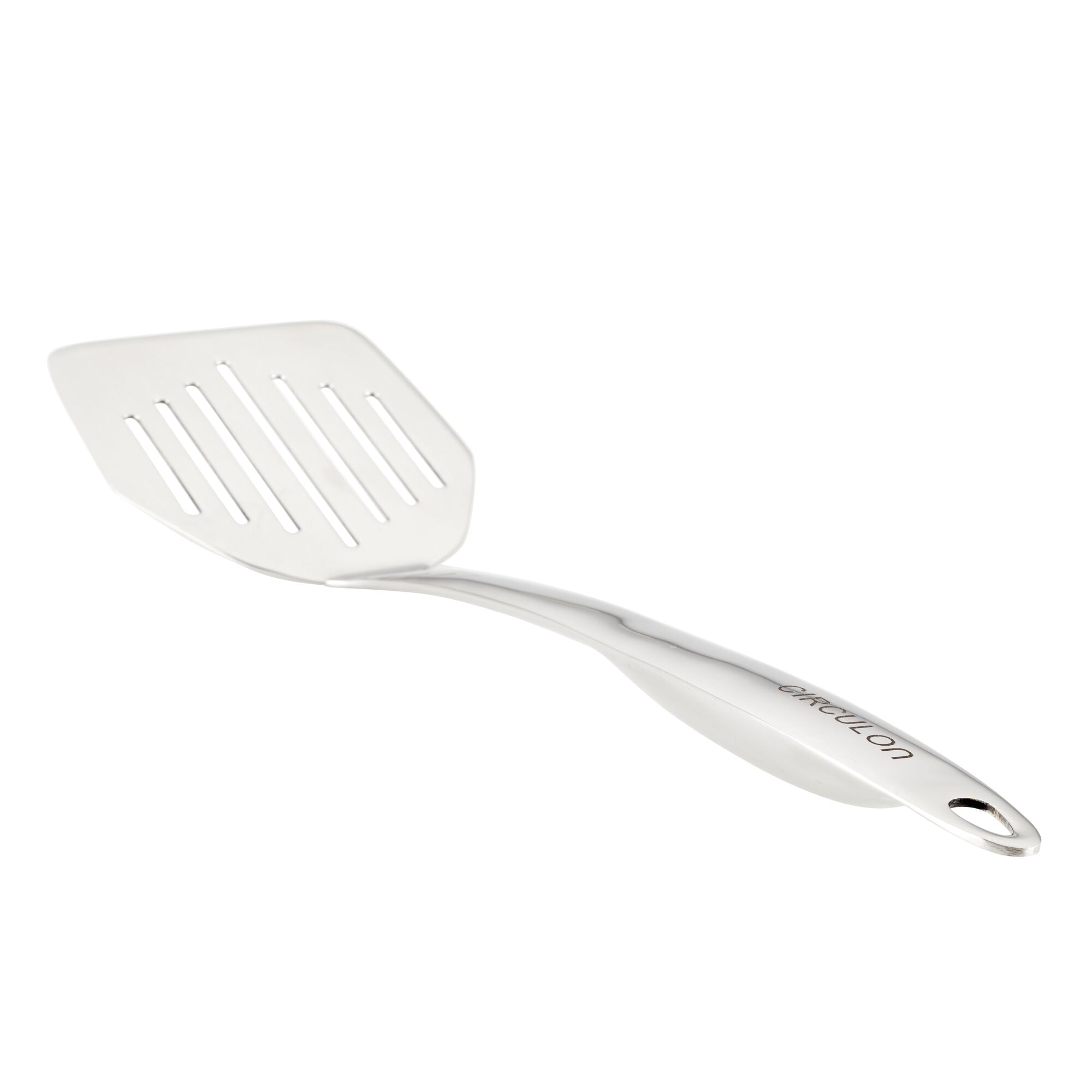 6-Piece Tool and Crock Set displayed on a white background, featuring a stainless steel slotted spatula design with an ergonomic curved handle.