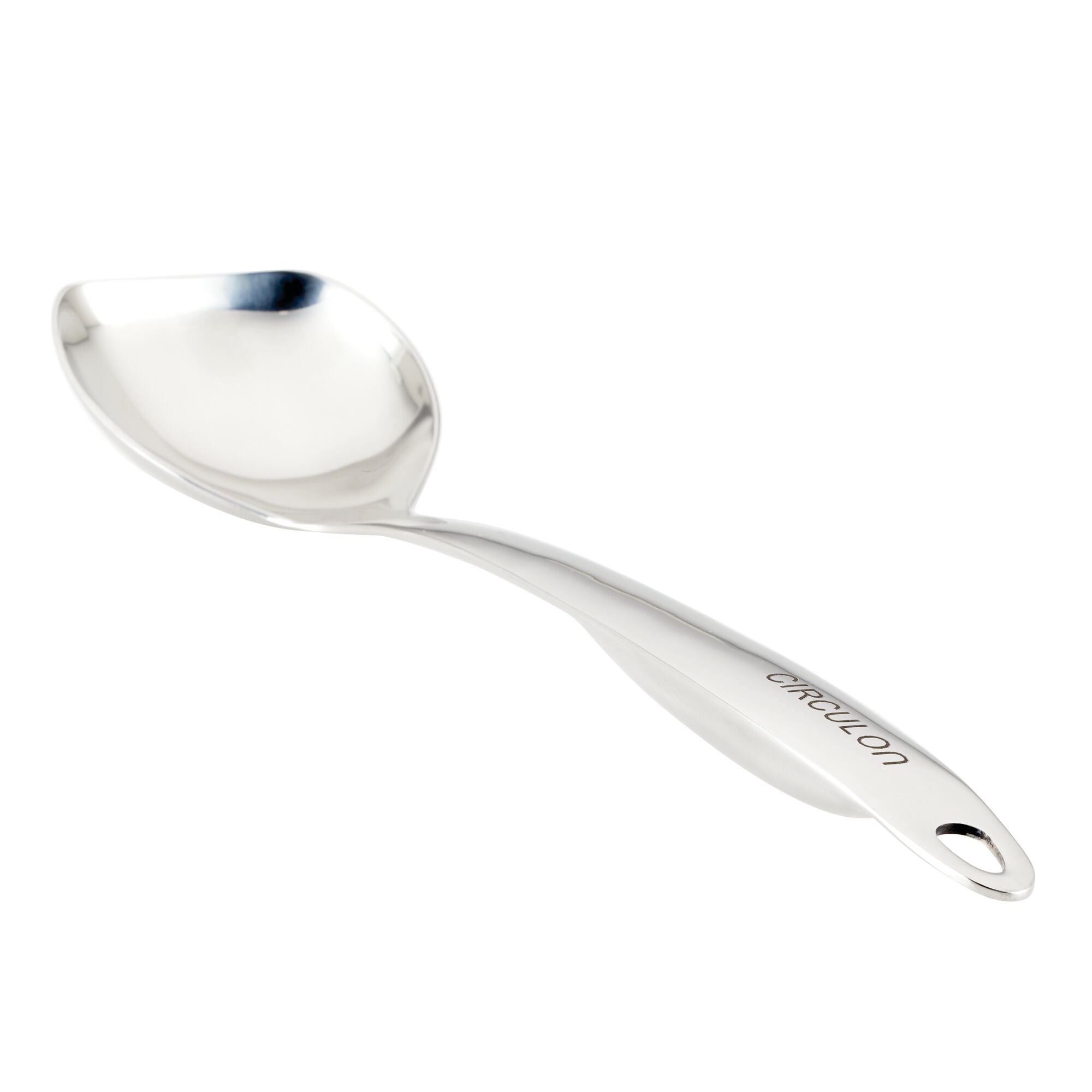 Ergonomically designed stainless steel kitchen spoon featuring a curved handle, dishwasher safe and engraved with "Circulon," from the 6-Piece Tool and Crock Set.