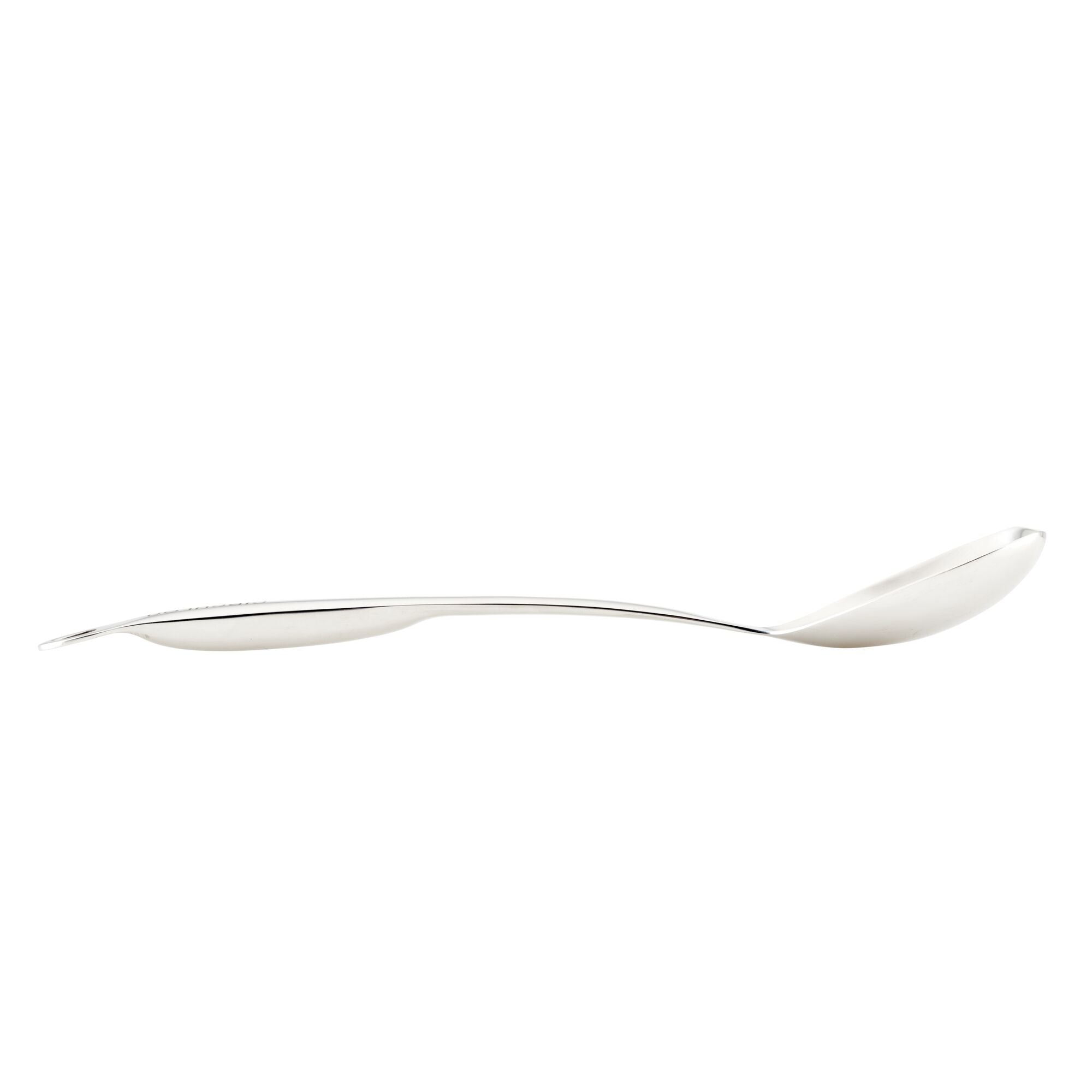 Side view of an elegant and contemporary silver spoon from the 6-Piece Tool and Crock Set, featuring an ergonomic handle, crafted from stainless steel kitchen utensils, displayed on a plain background.