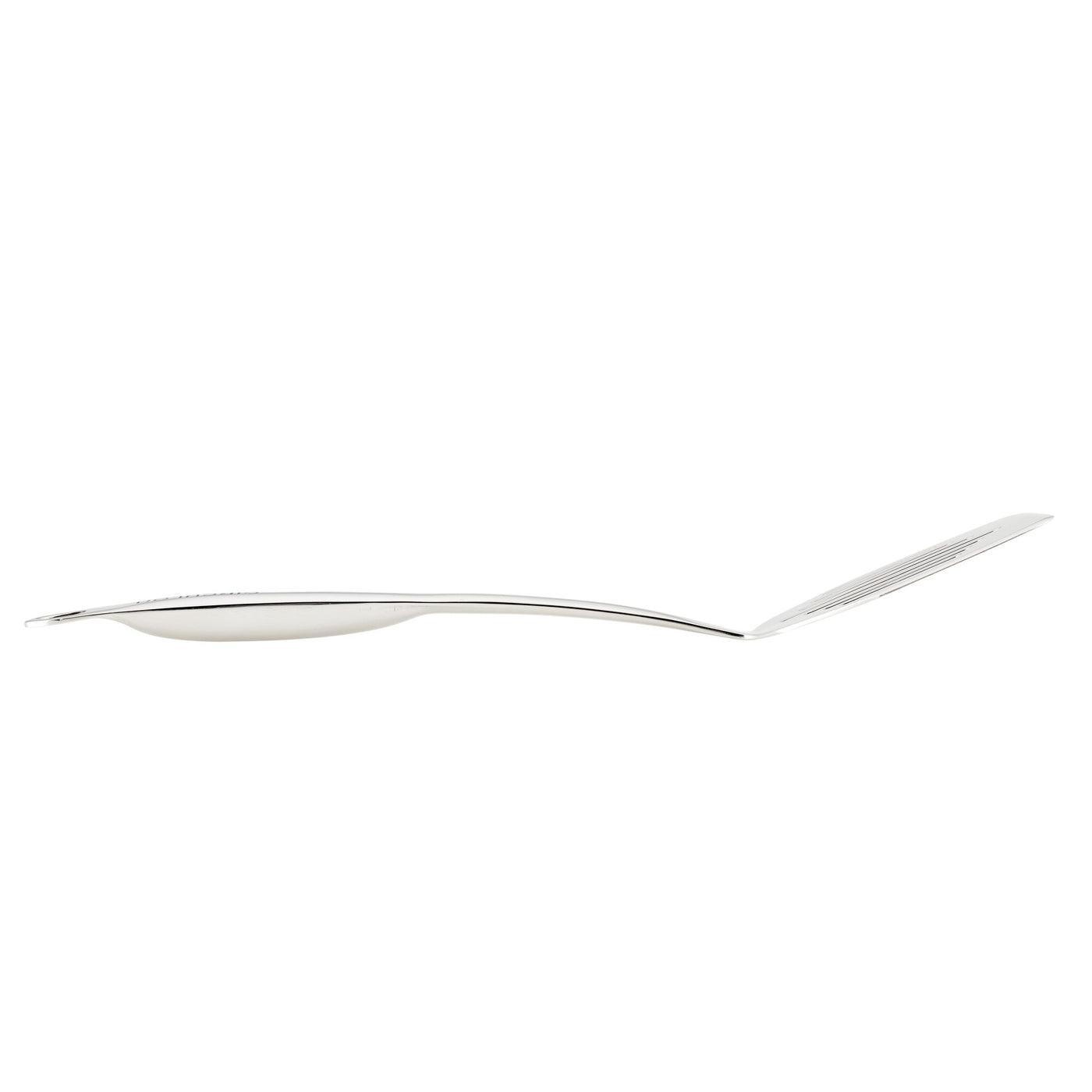A stainless steel kitchen utensil from the 6-Piece Tool and Crock Set is isolated on a white background and viewed from the side, showcasing its elegant form.