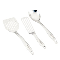 The 3-Piece Kitchen Utensils Set, featuring dishwasher-safe stainless steel utensils with ergonomic handles, is displayed gracefully on a white background.