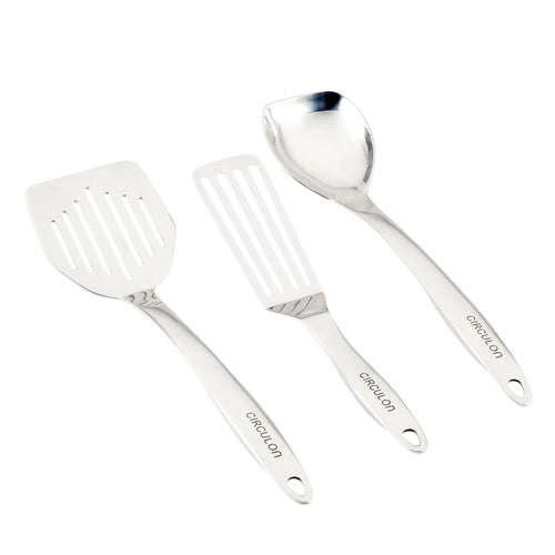 The 3-Piece Kitchen Utensils Set, featuring dishwasher-safe stainless steel utensils with ergonomic handles, is displayed gracefully on a white background.