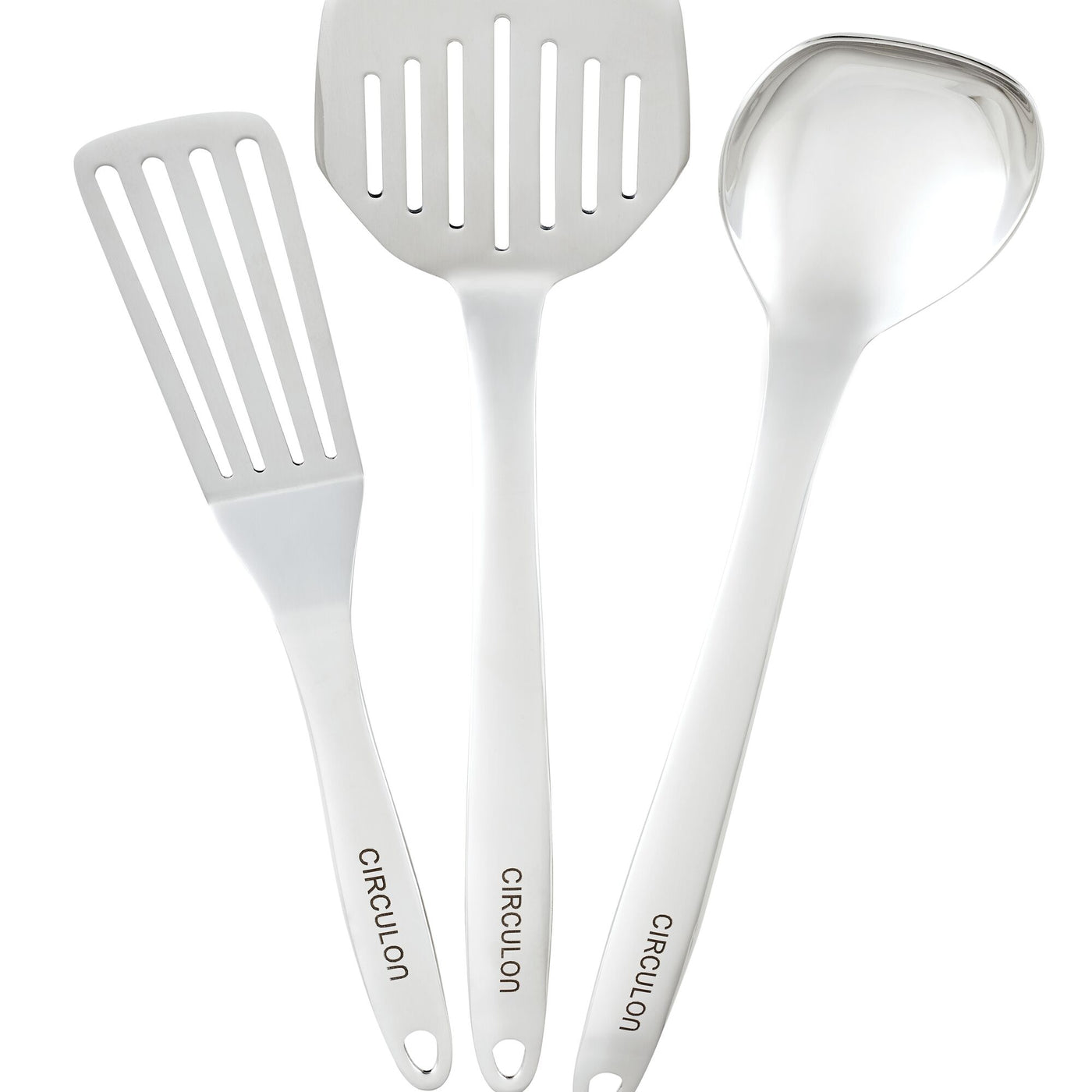The "6-Piece Tool and Crock Set" includes kitchen utensils, such as a spatula, slotted turner, and ladle. These tools are designed with ergonomic handles for comfortable use and are also dishwasher safe to ensure easy cleanup.