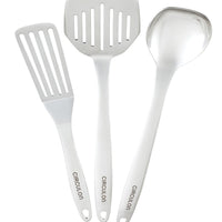 The "6-Piece Tool and Crock Set" includes kitchen utensils, such as a spatula, slotted turner, and ladle. These tools are designed with ergonomic handles for comfortable use and are also dishwasher safe to ensure easy cleanup.