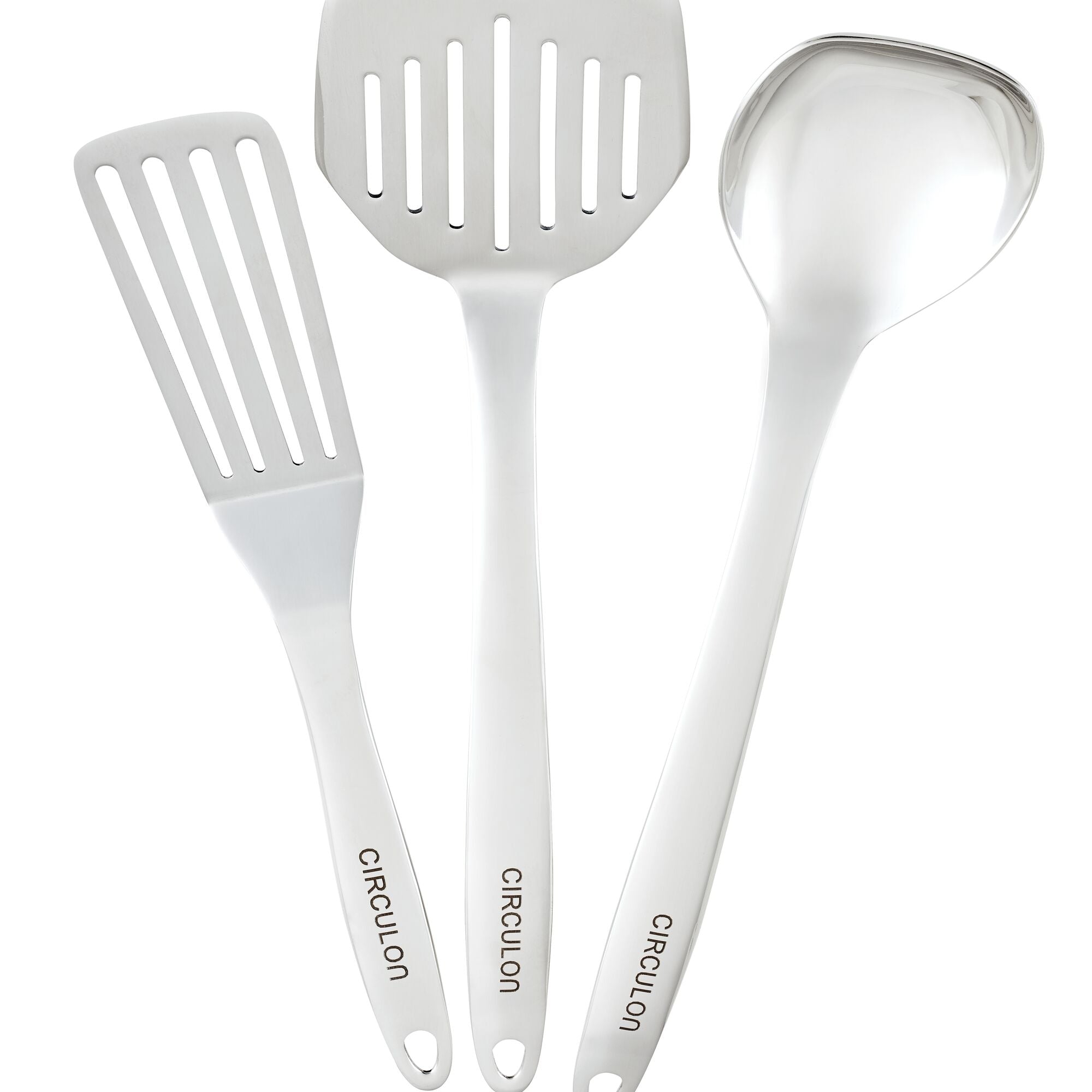 The "6-Piece Tool and Crock Set" includes kitchen utensils, such as a spatula, slotted turner, and ladle. These tools are designed with ergonomic handles for comfortable use and are also dishwasher safe to ensure easy cleanup.