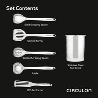 Discover the 6-Piece Tool and Crock Set, featuring a stainless steel spoon, turners, ladle, and an elegant crock. It is designed with ergonomic handles for comfortable use and is dishwasher safe for effortless cleaning.