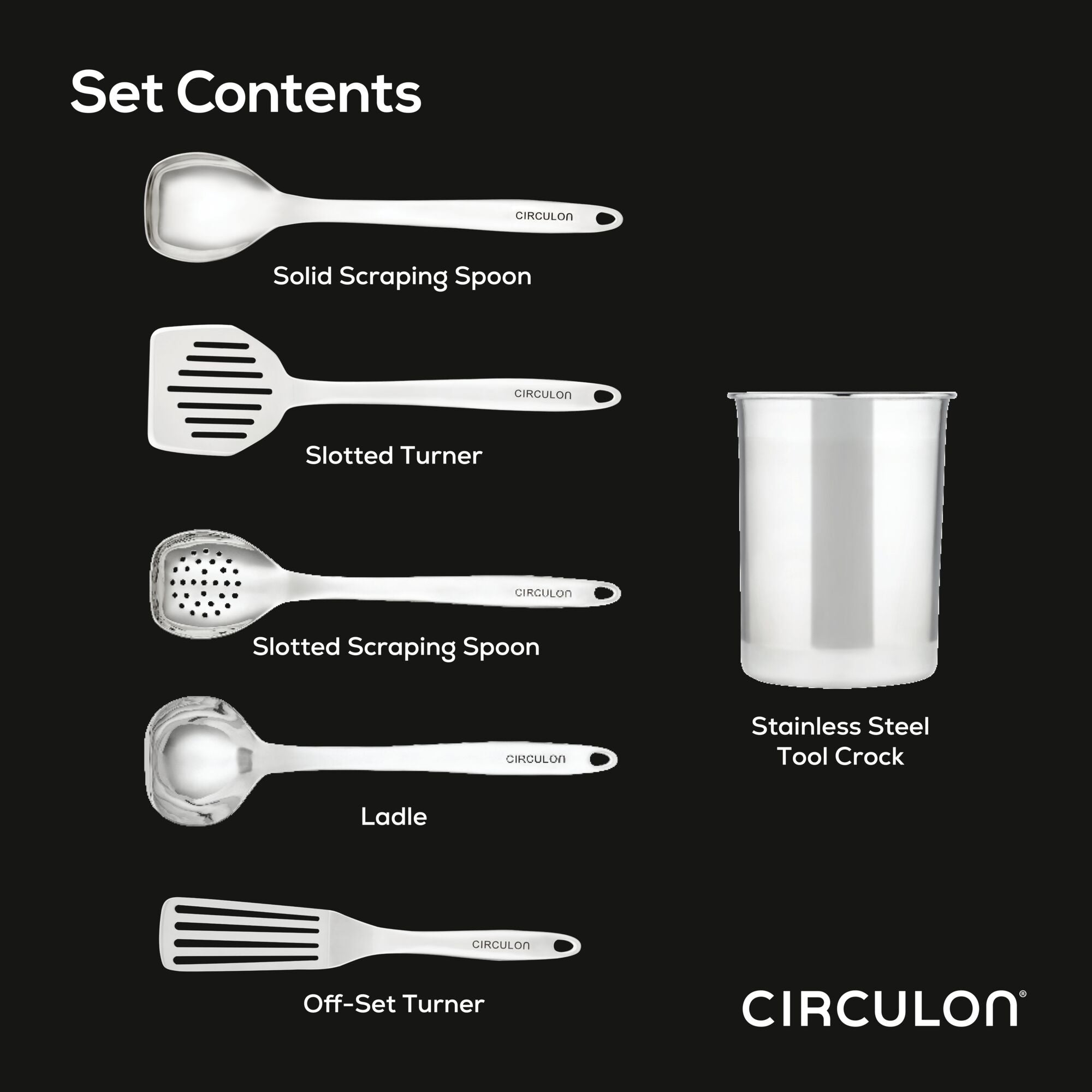 Discover the 6-Piece Tool and Crock Set, featuring a stainless steel spoon, turners, ladle, and an elegant crock. It is designed with ergonomic handles for comfortable use and is dishwasher safe for effortless cleaning.