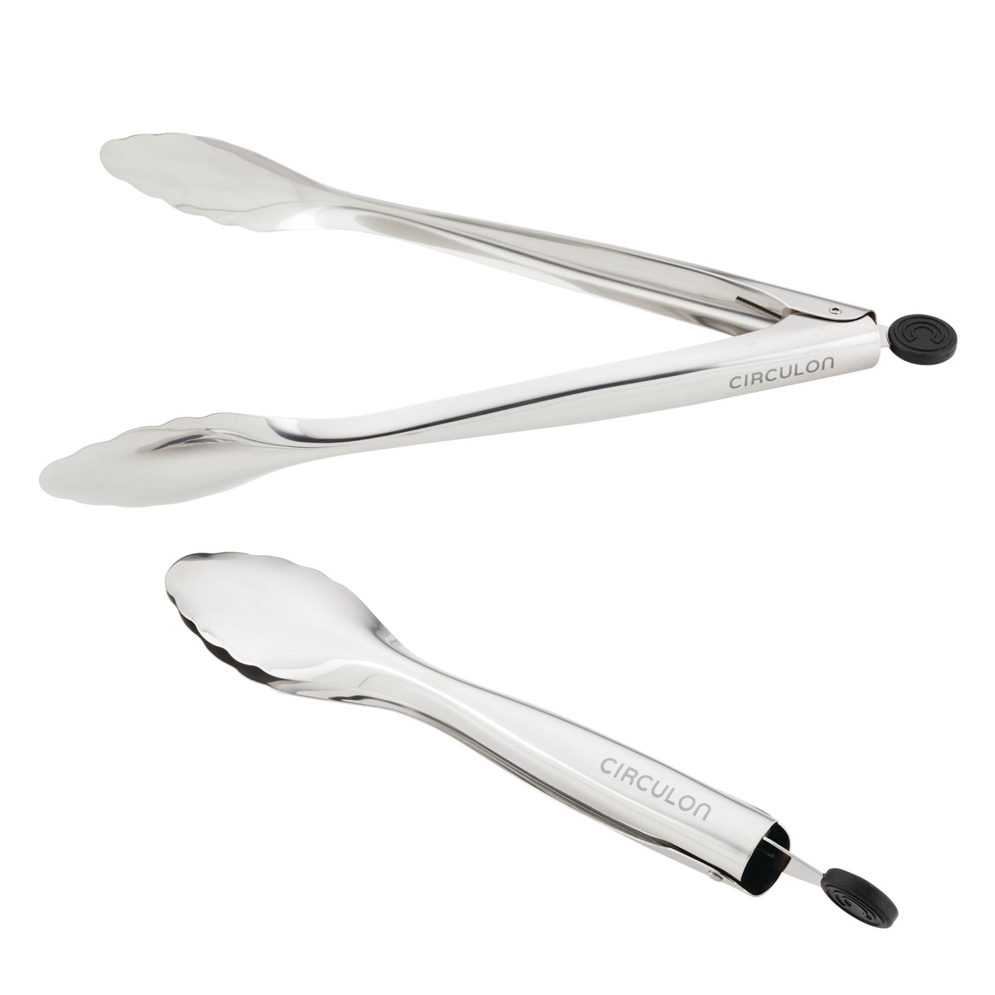 The 2-Piece Stainless Steel Tongs Set includes two tongs, each with ergonomic handles designed for a comfortable grip—one is open and the other is closed. They are also dishwasher safe for convenient cleaning.