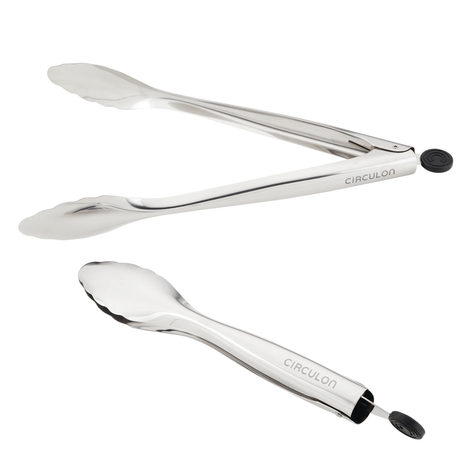 The 2-Piece Stainless Steel Tongs Set includes two tongs, each with ergonomic handles designed for a comfortable grip—one is open and the other is closed. They are also dishwasher safe for convenient cleaning.
