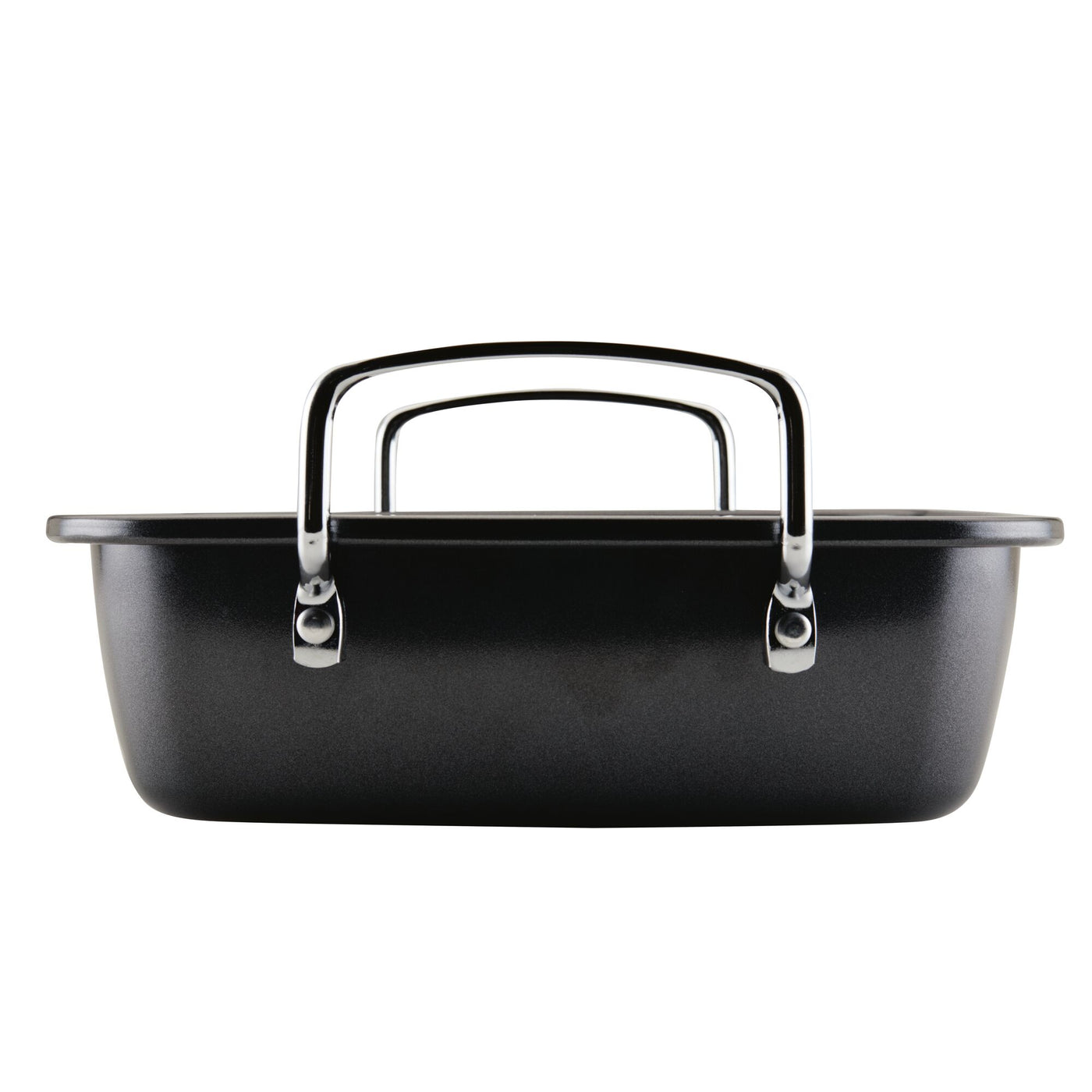 The Nonstick Roaster Pan with Easy Serve Rack, crafted from durable steel and featuring a sleek rectangular design with metal handles, is displayed elegantly on a white background.