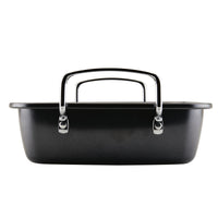 The Nonstick Roaster Pan with Easy Serve Rack, crafted from durable steel and featuring a sleek rectangular design with metal handles, is displayed elegantly on a white background.