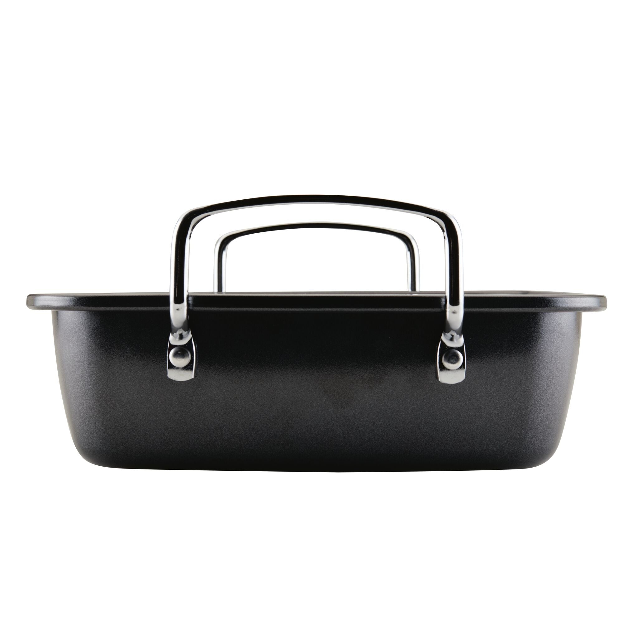 The Nonstick Roaster Pan with Easy Serve Rack, crafted from durable steel and featuring a sleek rectangular design with metal handles, is displayed elegantly on a white background.