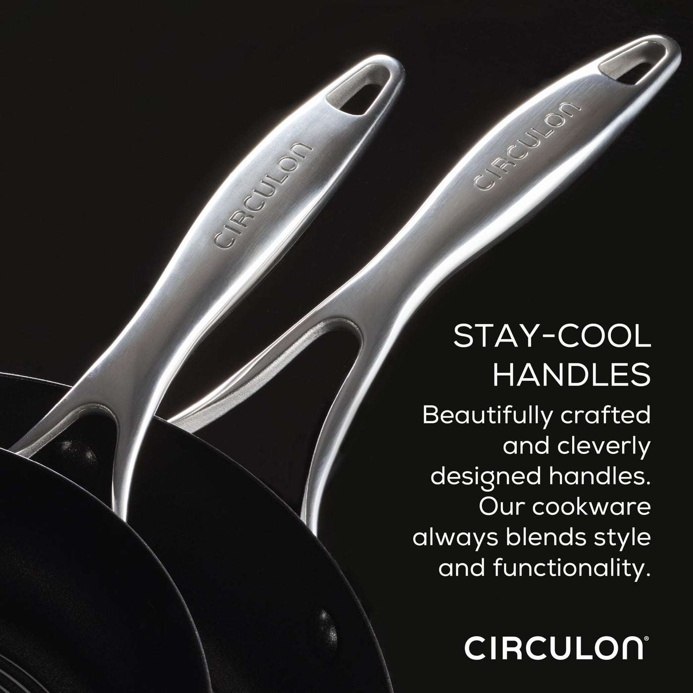 Two nonstick cookware pieces from the "8\" & 10.25\" Hybrid Stainless Steel Open Frying Pans" set feature stay-cool handles, ensuring effortless cooking and easy cleanup.