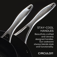 Two nonstick cookware pieces from the "8\" & 10.25\" Hybrid Stainless Steel Open Frying Pans" set feature stay-cool handles, ensuring effortless cooking and easy cleanup.
