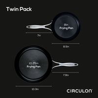 Twin pack of frying pans: includes an 8" hybrid stainless steel pan and a 10.25" pan, both featuring nonstick surfaces and are induction-compatible.