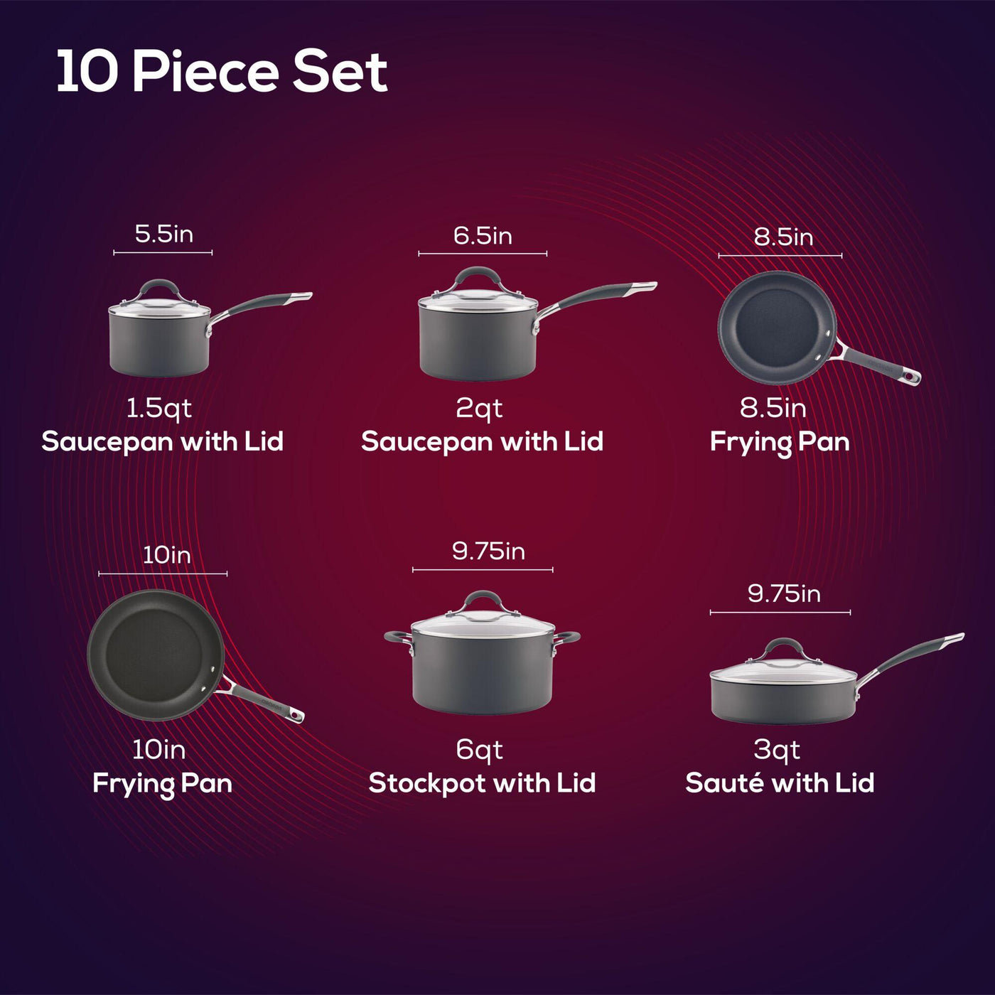 The image showcases the 10-Piece Nonstick Cookware Set, featuring an assortment of pots, pans, and lids. Made from hard-anodized materials, this cookware is engineered for durability and effortless cooking. Each piece is dishwasher safe for convenient cleaning.