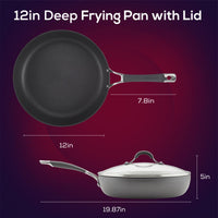 The 12-Inch Nonstick Deep Frying Pan is a versatile piece of cookware, crafted for both efficiency and convenience. Featuring a lid and labeled dimensions for easy use, it is also dishwasher safe for effortless cleaning.