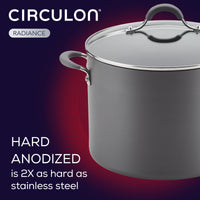 10-quart black hard-anodized aluminum stockpot with a lid and side handles, featuring a durable nonstick system.